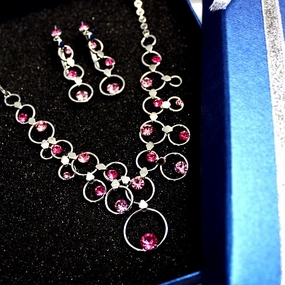 Double Chain of Rosy Crystal Plating Necklace Set