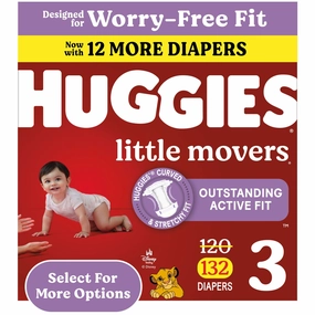 Huggies 56361 Little Movers Baby Diapers Size 3, 132 Ct - Leak Resistant, Absorbent, Disposable