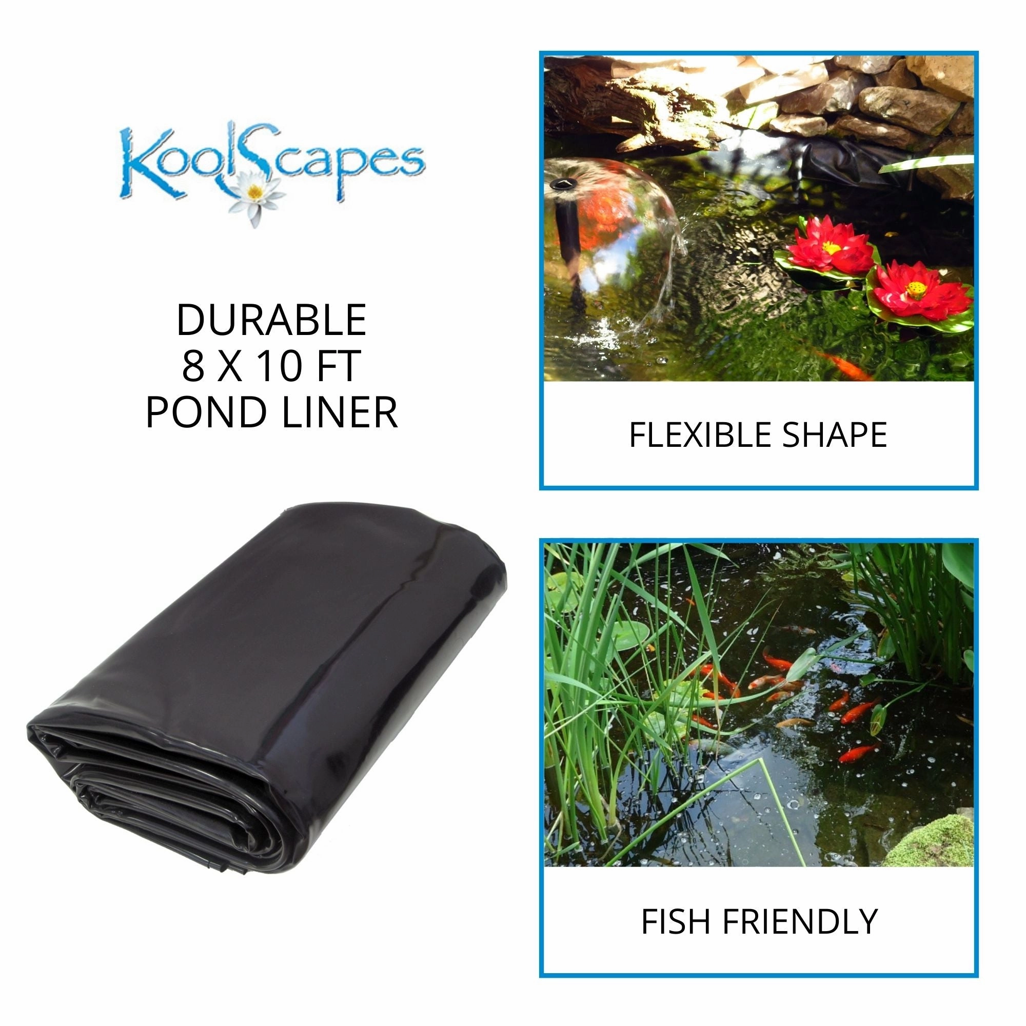 Koolscapes 270 Gallon Starter Pond Kit with 200 GPH Pump, Water Bell and Double Daisy Fountain Nozzles, 8 x 10 Ft Flexible Liner, Floating Solar Light, Fish-Friendly Backyard Koi Pond Kit