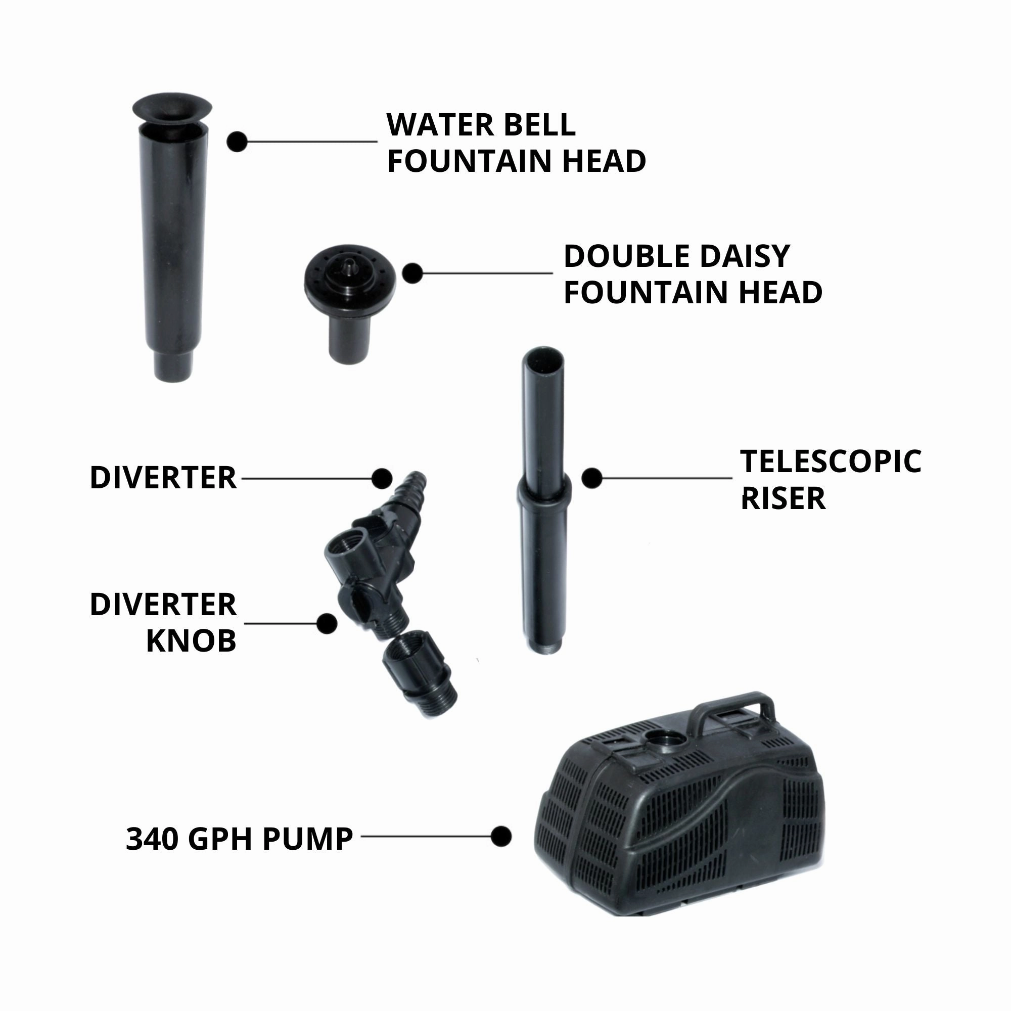 Koolscapes 340 GPH Filter-Free Pond Pump with Water Bell and Double Daisy Fountain Nozzles, Submersible Pump Kit for Garden Water Feature, Backyard Koi Ponds, Hydroponics, Aquaponics, Fish Tank