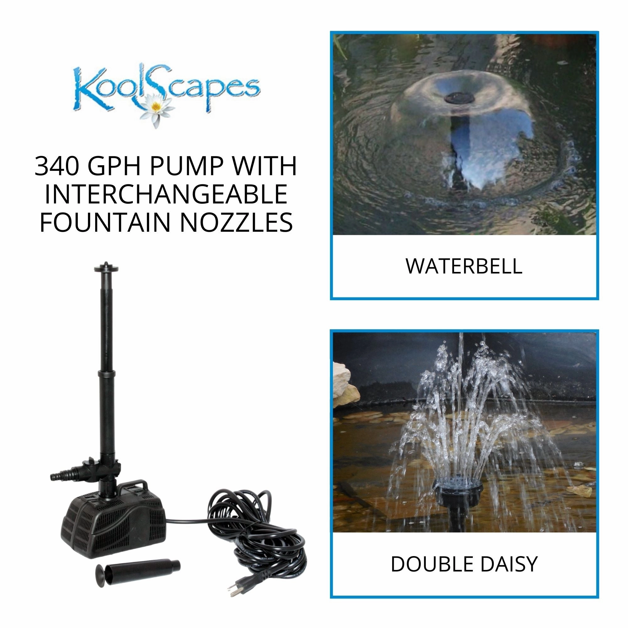Koolscapes 340 GPH Filter-Free Pond Pump with Water Bell and Double Daisy Fountain Nozzles, Submersible Pump Kit for Garden Water Feature, Backyard Koi Ponds, Hydroponics, Aquaponics, Fish Tank