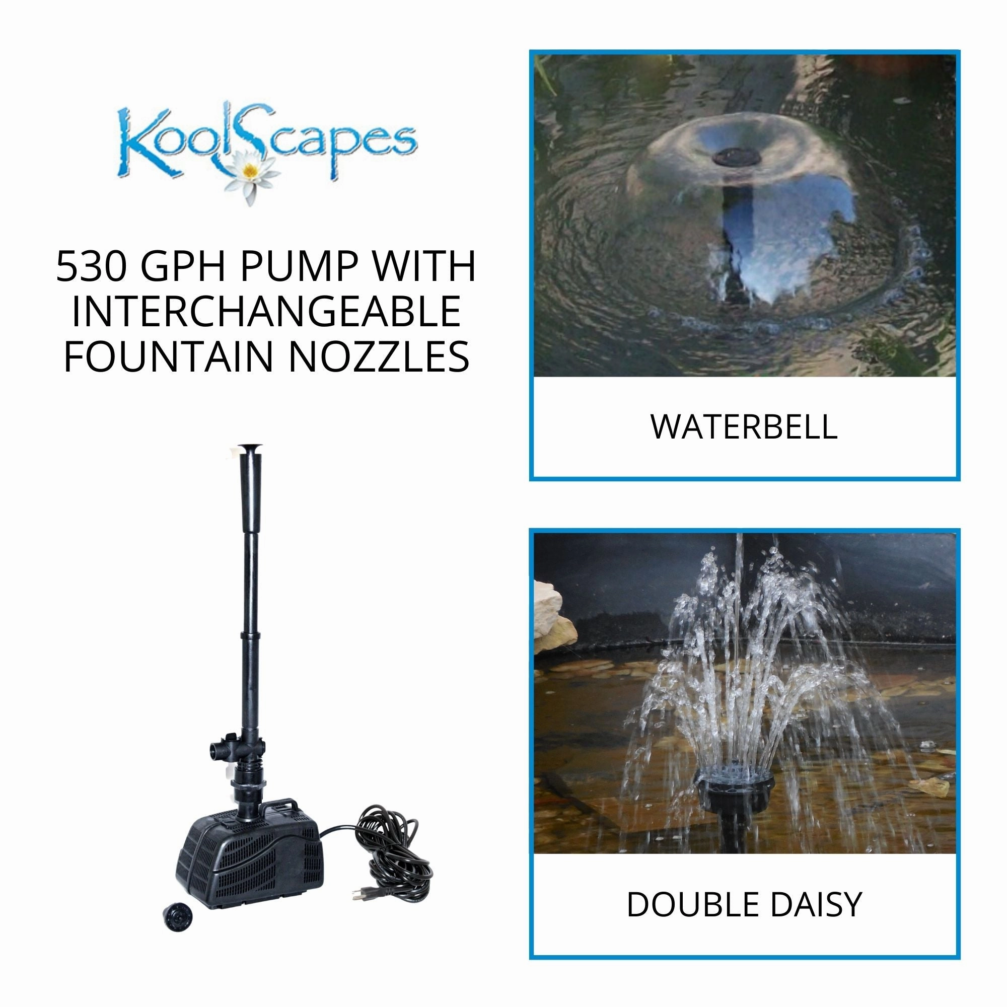 Koolscapes 530 GPH Filter-Free Pond Pump with Water Bell and Double Daisy Fountain Nozzles, Submersible Pump Kit for Garden Water Feature, Backyard Koi Ponds, Hydroponics, Aquaponics, Fish Tank