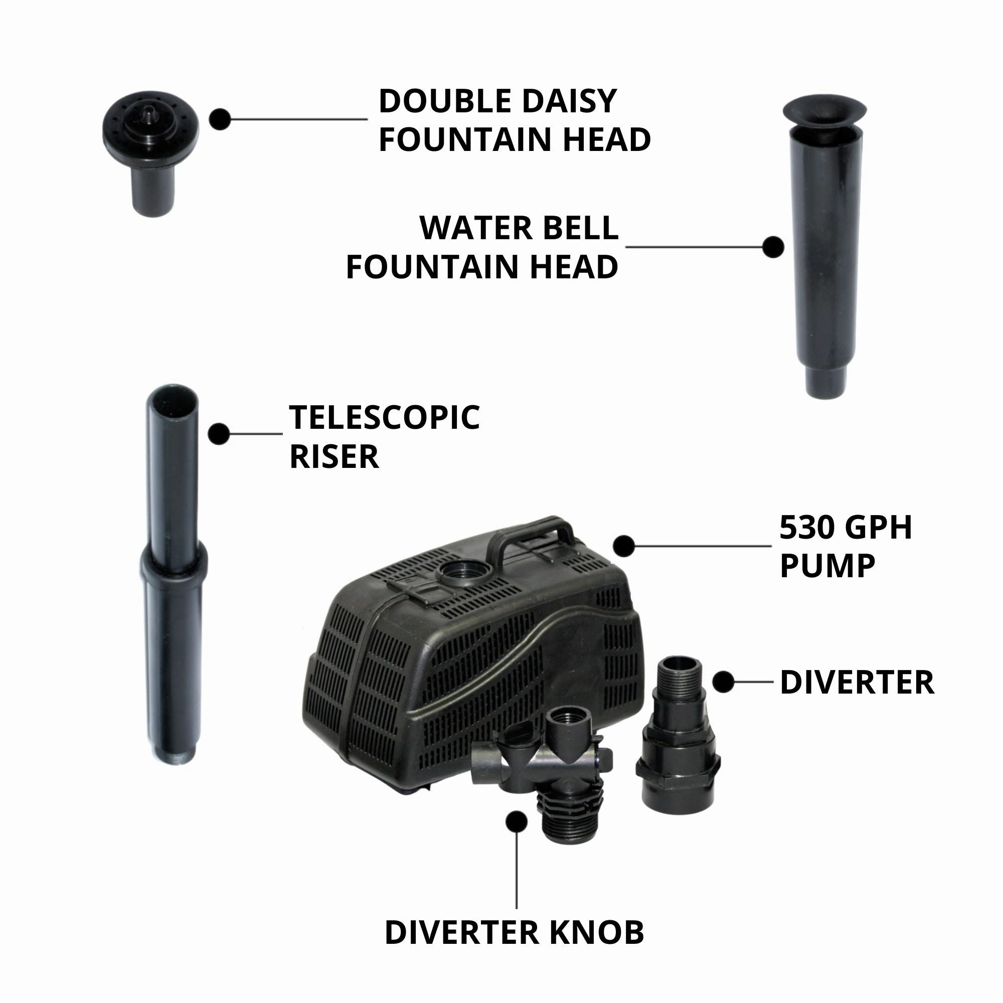 Koolscapes 530 GPH Filter-Free Pond Pump with Water Bell and Double Daisy Fountain Nozzles, Submersible Pump Kit for Garden Water Feature, Backyard Koi Ponds, Hydroponics, Aquaponics, Fish Tank