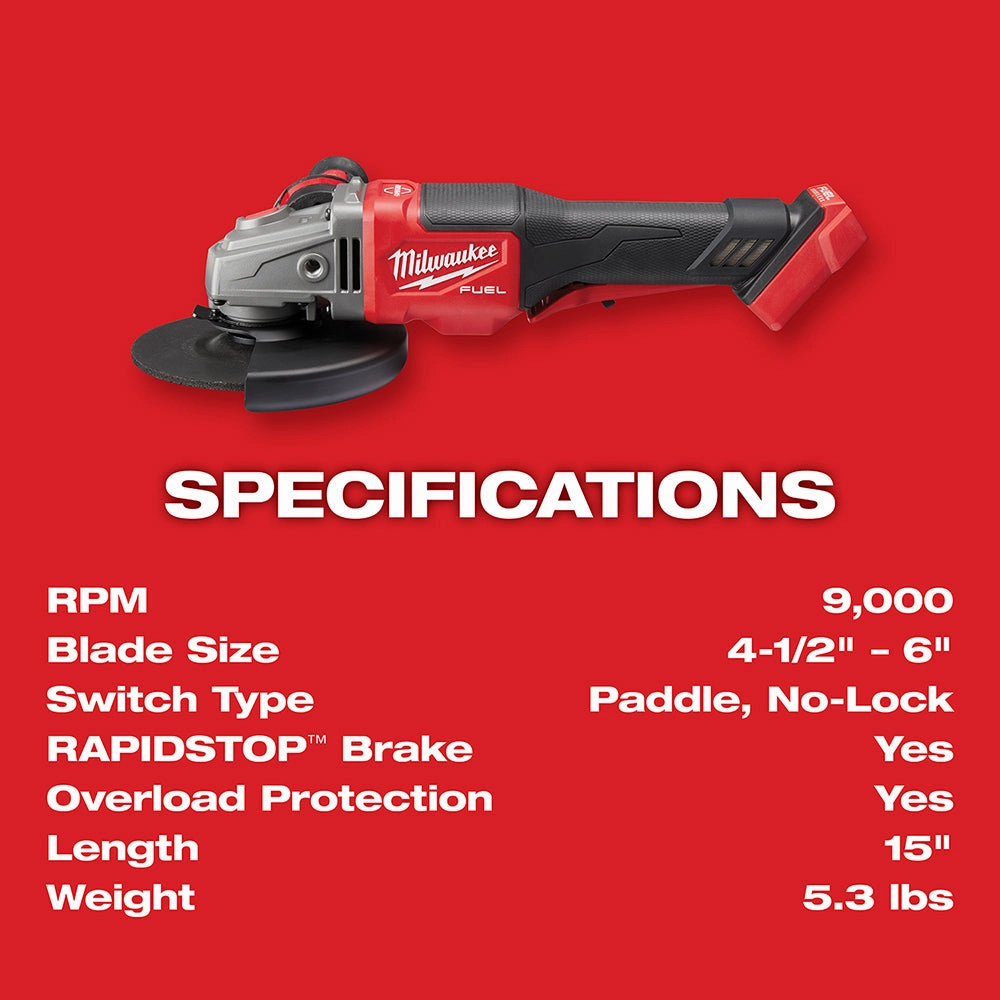 Milwaukee 2980-22 - M18 FUEL™ 4-1/2 in.-6 in. No Lock Braking Grinder with Paddle Switch 2 Battery Kit
