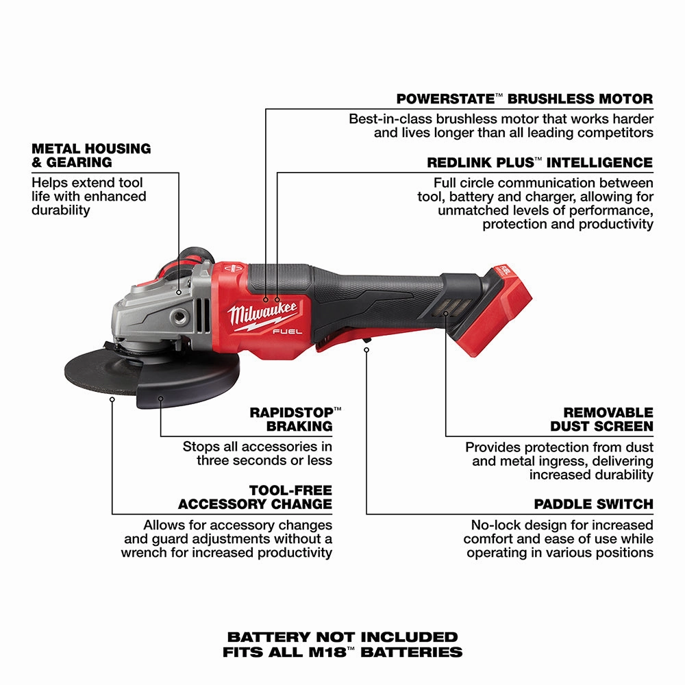 Milwaukee 2980-22 - M18 FUEL™ 4-1/2 in.-6 in. No Lock Braking Grinder with Paddle Switch 2 Battery Kit