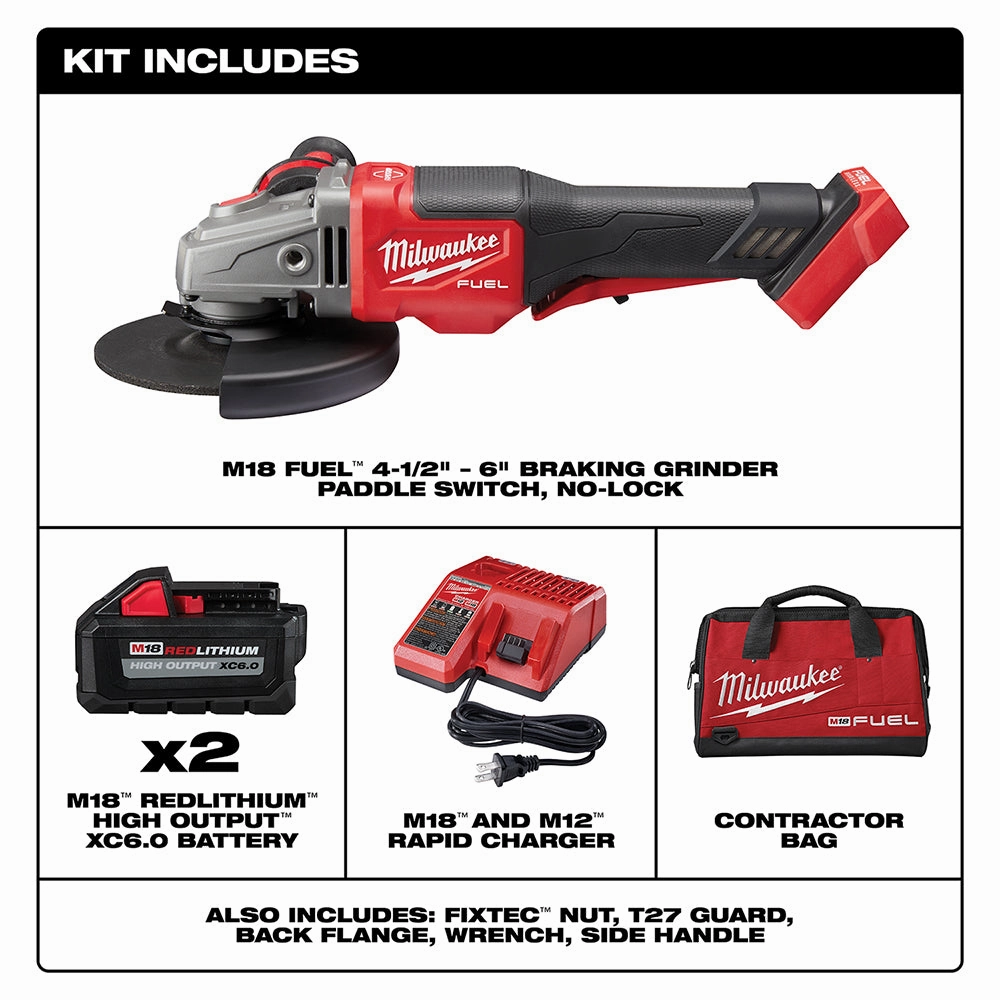 Milwaukee 2980-22 - M18 FUEL™ 4-1/2 in.-6 in. No Lock Braking Grinder with Paddle Switch 2 Battery Kit