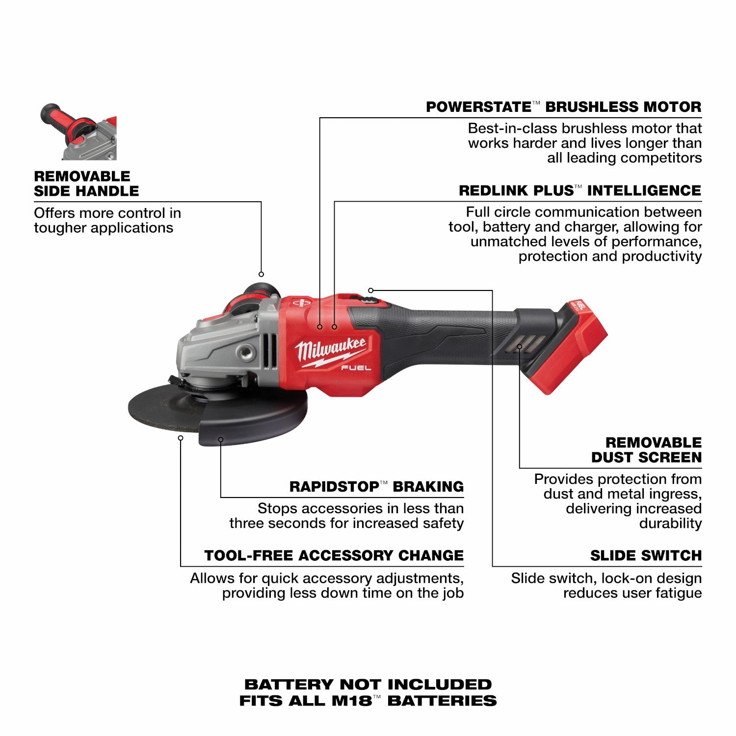 Milwaukee 2981-20 - M18 FUEL™ 4-1/2 in.-6 in. Lock-On Braking Grinder with Slide Switch