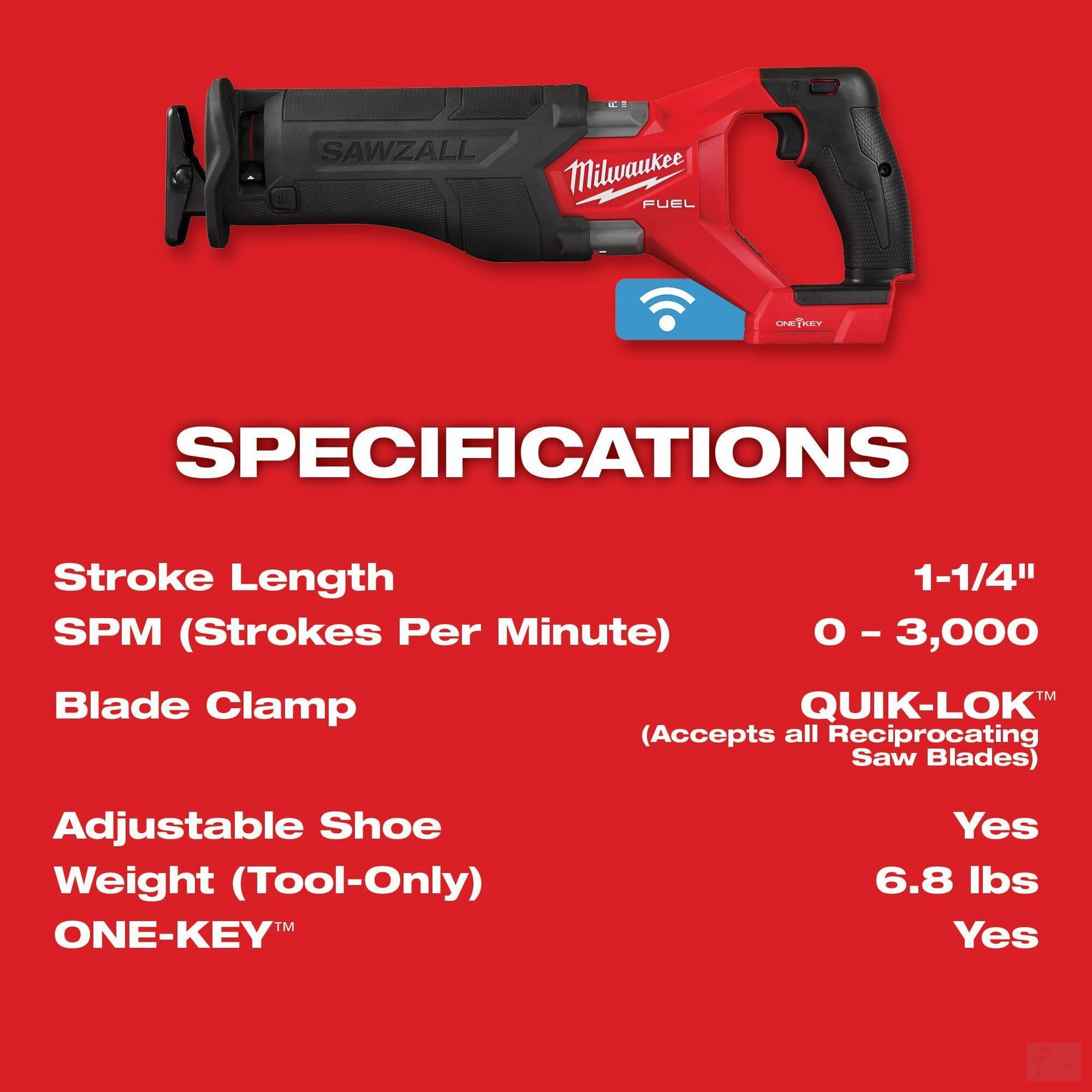 Milwaukee M18 FUEL™ SAWZALL® Recip Saw w/ ONE-KEY™ (Tool-Only) {2822-20}